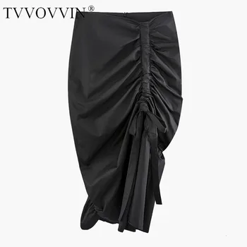 

TVVOVVIN2019 New Spring Summer High Waist Pleated Drawstring Bandage Spliced Irregular Black Half-body Skirt Women Fashion F744