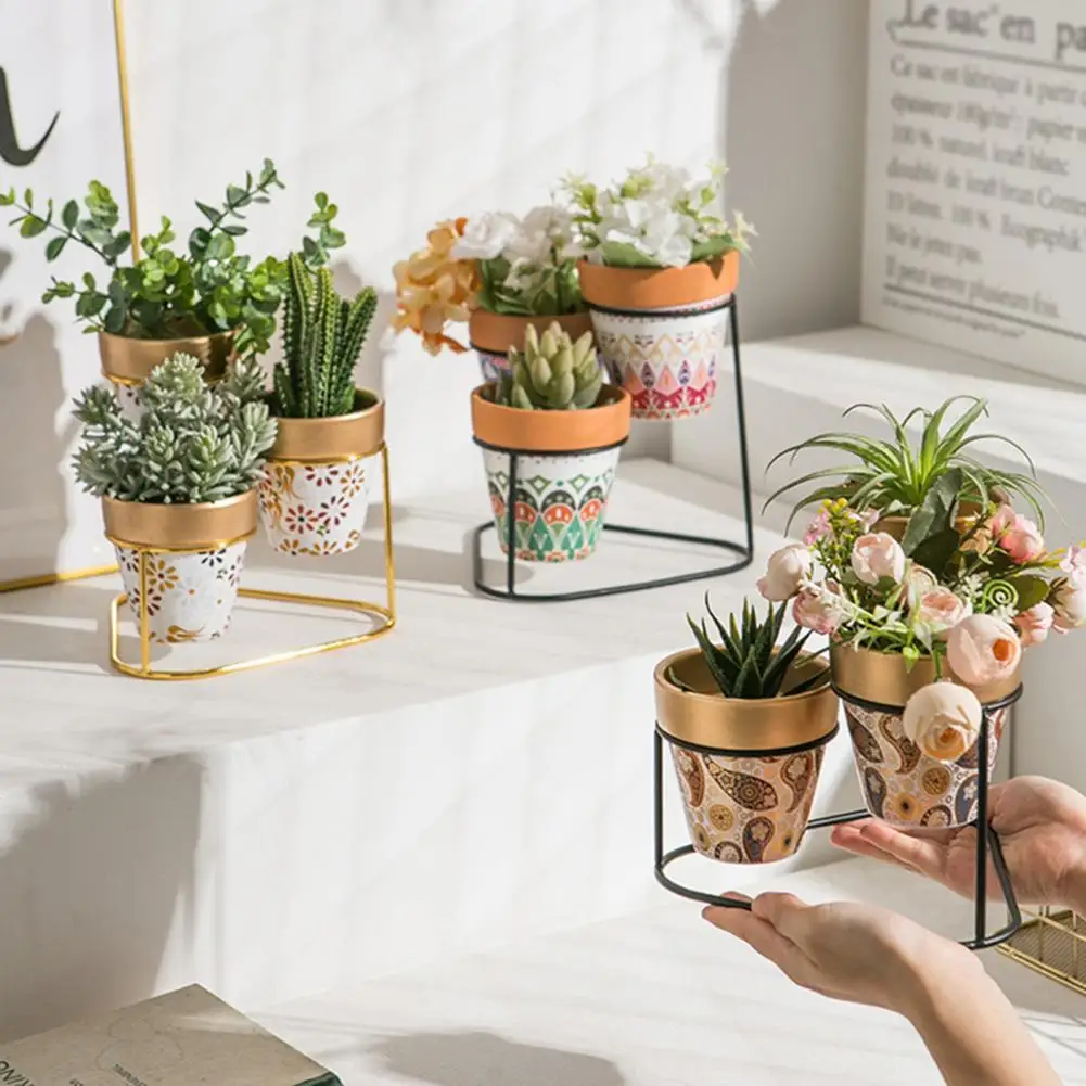 1 Set Flower Pot Garden Pots Modern Pumpkin Flowerpot Nursery Succulent Plant 3 Bonsai Planters with 3-Tier Bamboo Shelf | Дом и сад