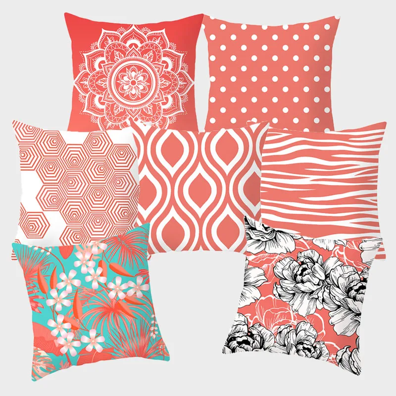 

Living Coral Decorative Cushion Covers 45*45cm Polyester Pillow Decorative Geometric fundas cojines housse coussin Pillowcovers
