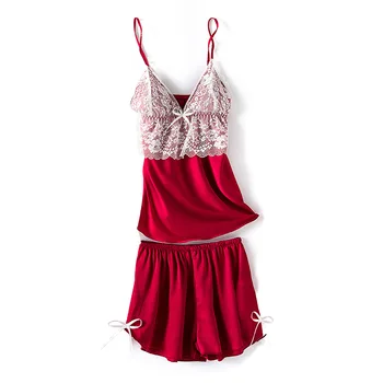 

2PCS Pajamas Suit Lady Strap Top&Shorts Home Clothes Sexy Satin Sleepwear Homewear Lace Patchwork Nightwear Kimono Bathrobe Gown