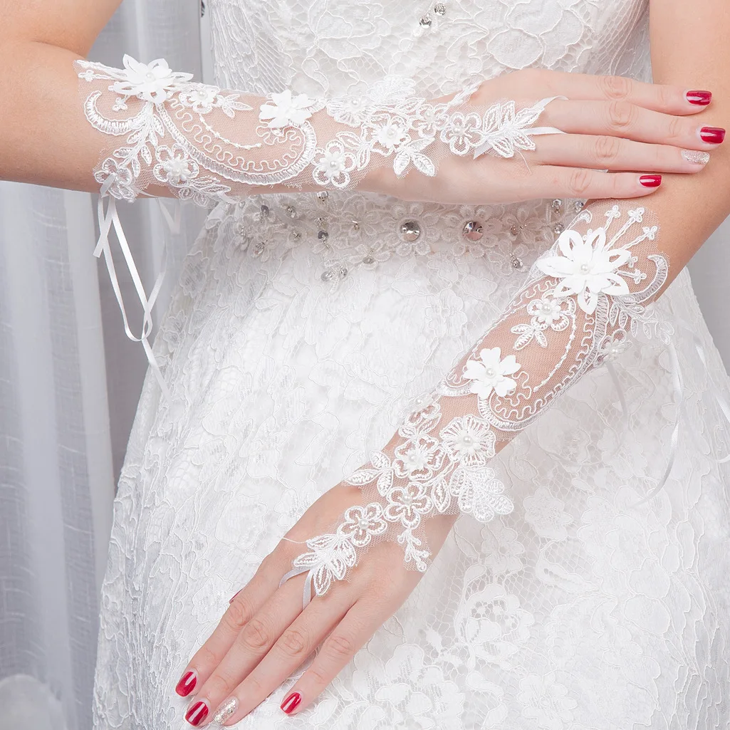 Bride Wedding Gloves Adult Dress Gloves Lace Embroidered Bridesmaid Finger Beaded Appliqued Wedding Accessories Free Shipping