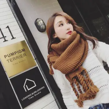 

350g/pc Female Winter Solid Knitted Scarf Acrylic Wool Big Braided Coarse Crochet Shawls Fringe Tassel Macrame Wool Long Scarves