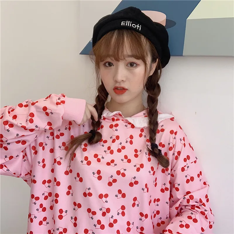 Корейская японская Лолита с оборками с капюшоном Kawaii милый Вишневый принт свободная Лолита Студенческая девушка Женская Толстовка Пуловер толстовки розовый