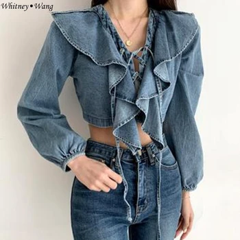 

WHITNEY WANG Blouses 2020 Spring Fashion Streetwear Sexy Lace Up Ruffles Denim Top Blouse Women Blusas Lady Shirt