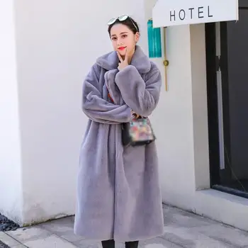 

Winter Women High Quality Faux Rabbit Fur Coat Luxury Long Fur Jacket Loose Lapel Plush Overcoat