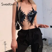 Sweetown, панк готический короткий топ из искусственной кожи с кисточками, Женская Клубная одежда с открытой спиной, сексуальные женские летние топы на шнуровке, пляжная одежда