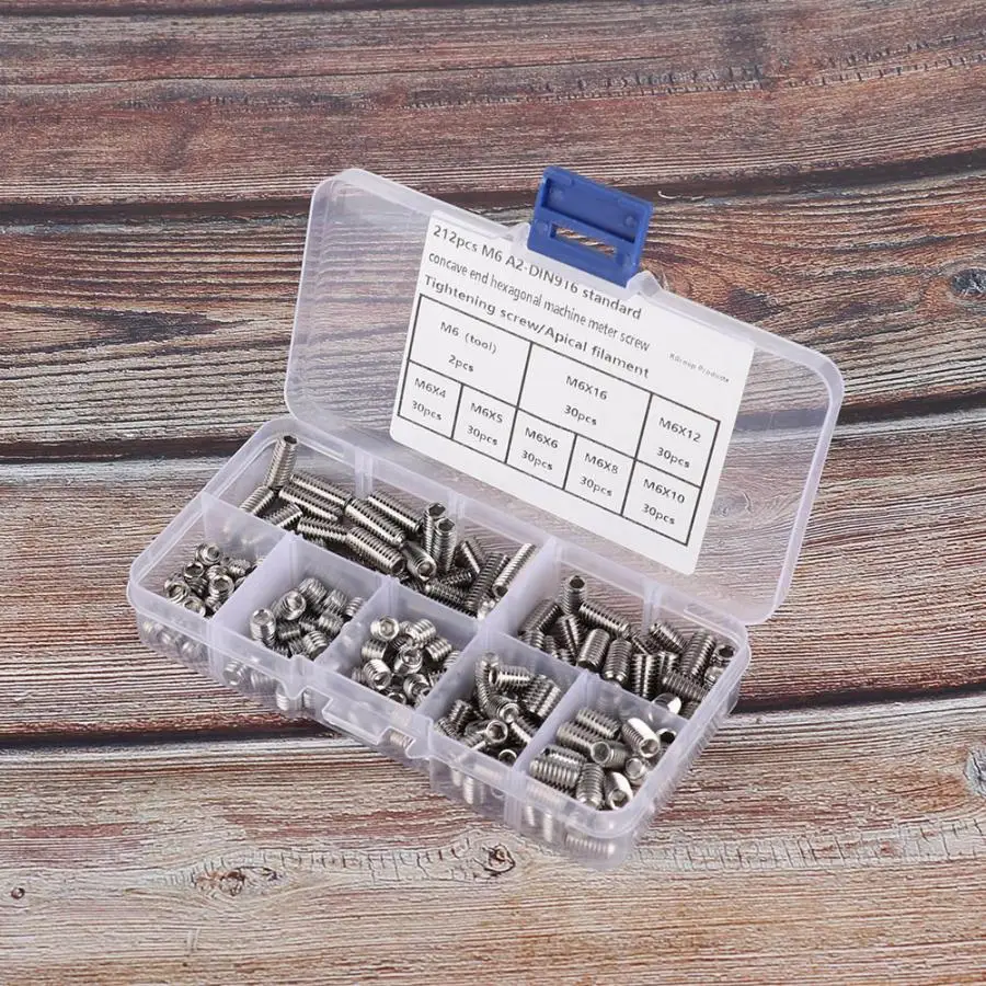 

212 Pcs/set Set Screw M6 A2-DIN916 304 Stainless Steel Hex Socket Concave End Tighten Screw Set tapa tornillos