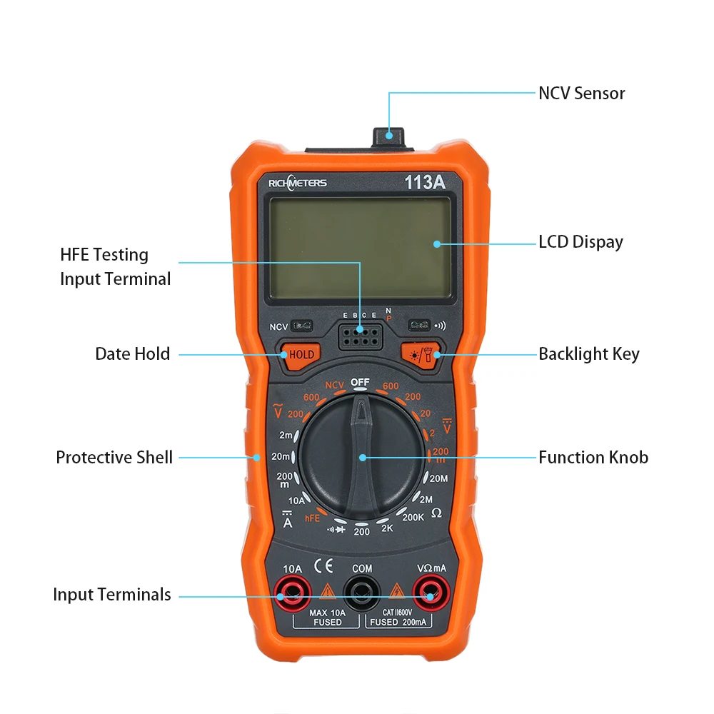 RICHMETERS RM113D NCV Цифровой мультиметр 6000 отсчетов Автоматический диапазон AC/DC измеритель напряжения вспышка светильник задний светильник большой экран диод