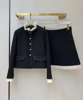 

Luxury Brand 2 Pieces Set 2020 Autumn Women French Elegant Beading Diamond Lace Embroidery Stand Collar Jacket and Skirt Set New