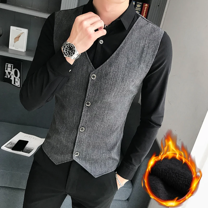 Мужская рубашка с длинным рукавом, высокое качество, облегающая, деловая, официальная, мужские, s, поддельные, две части, осень, бархат, Camisa Masculina
