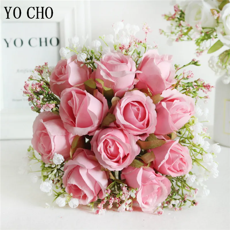 Wedding bouquets artificial rose flowers artificial gypsophila plants YO CHO Bouquet Bride Wedding Flower Bouquet Artificial Silk Rose Fake Babys Breath Pink Bridesmaid Hold Flower Wedding Supplies