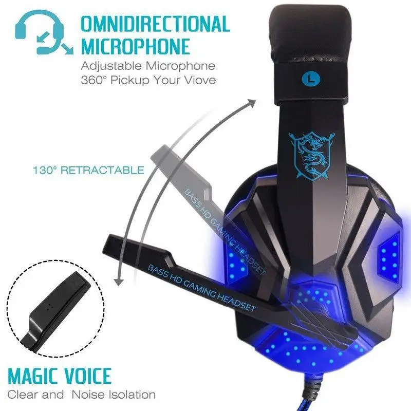 Gaming Headphone Over Ear Gaming Headset with Mic and LED Light 3 5mm plugs for Computer Laptop Cellphone PS4
