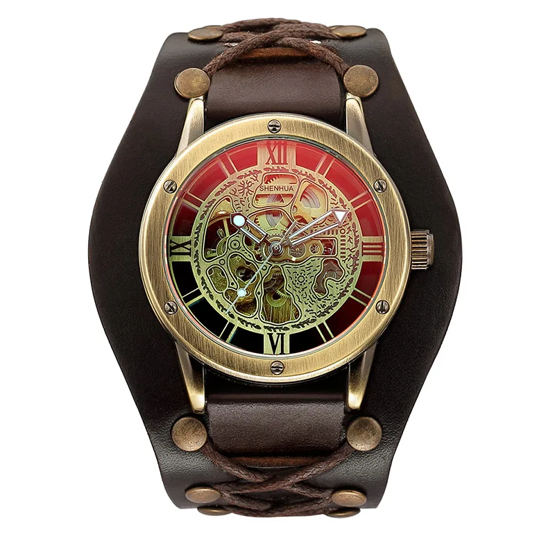 BROWN159539 Модные Винтажные мужские часы с черепом, Мужские автоматические механические часы, мужские спортивные часы Shenhua Relogio Masculino - Цвет: BROWN159539
