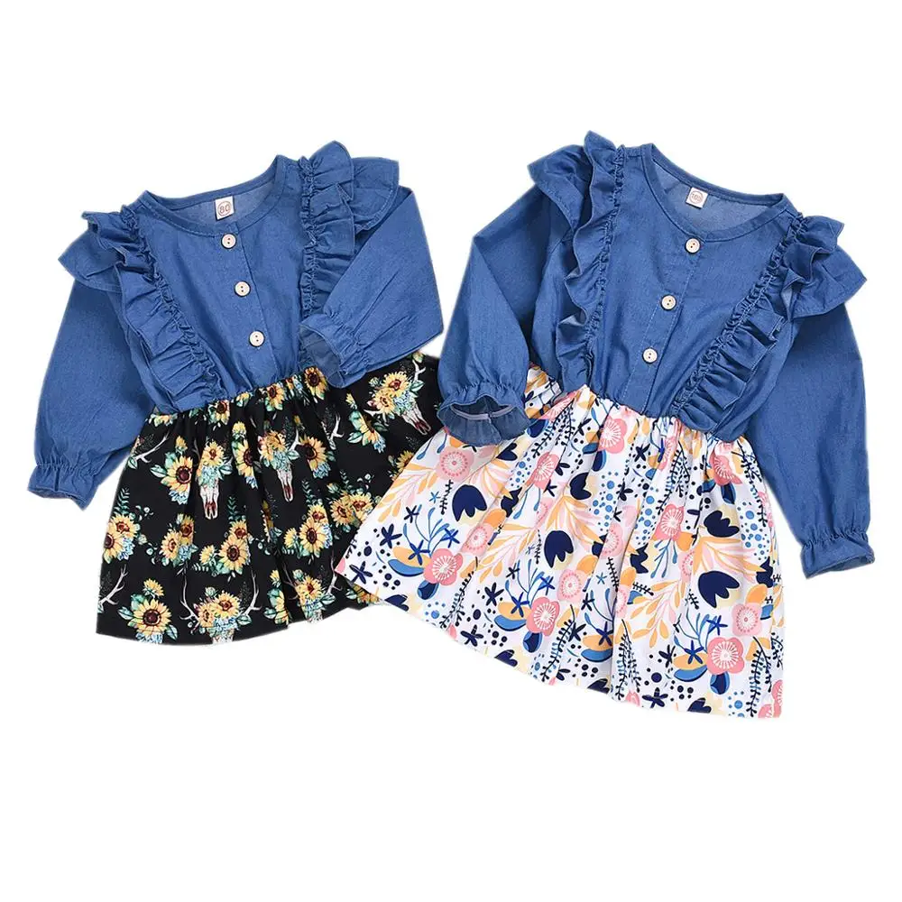 

Infant Toddler Baby Girl Long Sleeve Button Denim Top Floral Skirt Dress Baby Girl Fall Dress Baby Long Sleeve Dress