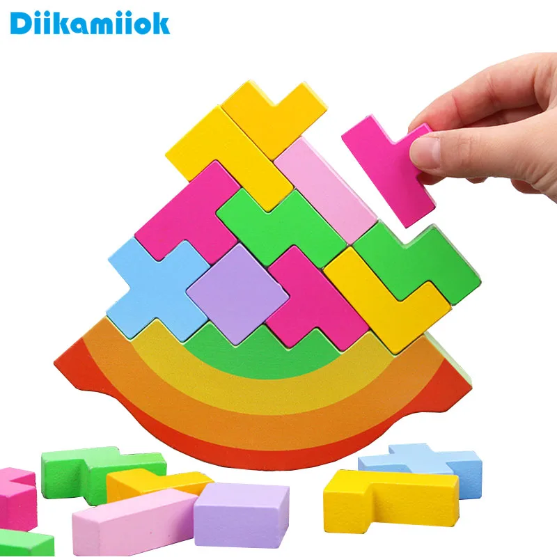 

Wood Montessori Rainbow Swing Stacking Balance Game Kids Learning Educational Toy Wooden Tetris Jigsaw Puzzle Toys for Children