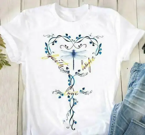

Dragonfly Faith Love Hope Ladies T-Shirt Cotton S-3Xl Vintage Tee Shirt