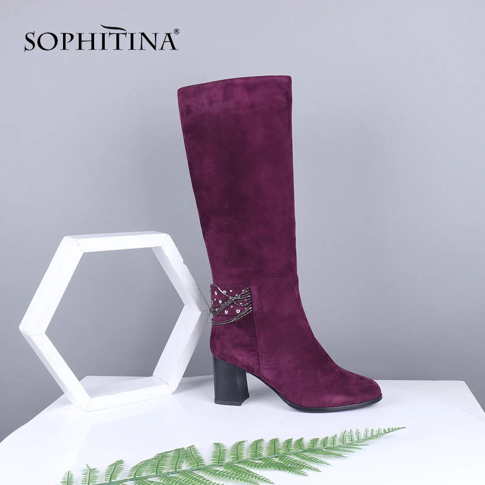 SOPHITINA/Замшевые однотонные сапоги; женские сапоги до колена на высоком квадратном каблуке, с круглым носком, на молнии; Лидер продаж; теплые зимние сапоги; SC589