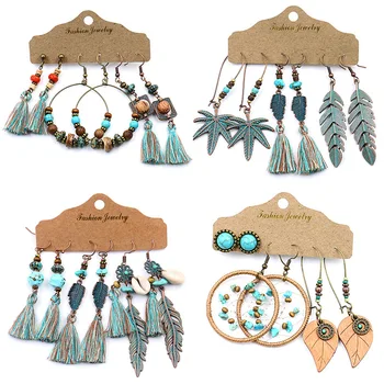 

Vintage Geometry Leaf Flower Bronze Earrings Set for Woman Bohemia Big Round Tassel Shell Wood Bead Dangle Earrings jewelry