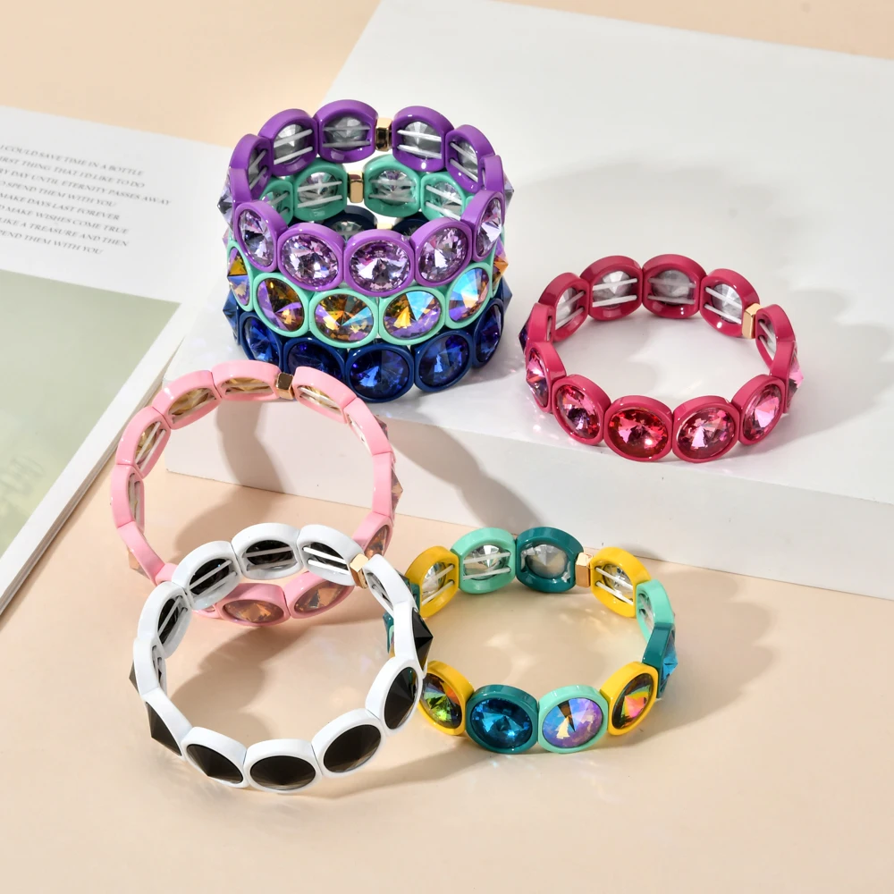 Handmade Multicolor Big Crystal Elastic Bracelet Enamel Stretch Glass Bangle Tile Bead Bracelet for Women Dark Vintage ZMZY
