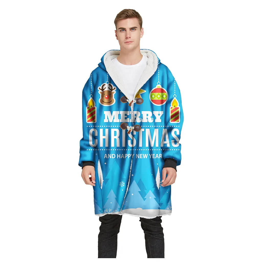 Новогодние куртки, одежда, мужские куртки с капюшоном, с роговой пряжкой, плюс бархат, толстые, 3d принты, облегающие, размера плюс, зимние мужские куртки ярких цветов