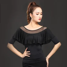 Ruffle марлевые бальные современные с круглым вырезом сексуальные костюмы для латинских танцев Топ для женщин/женщин, половина рукава костюм Одежда для выступлений YT0705