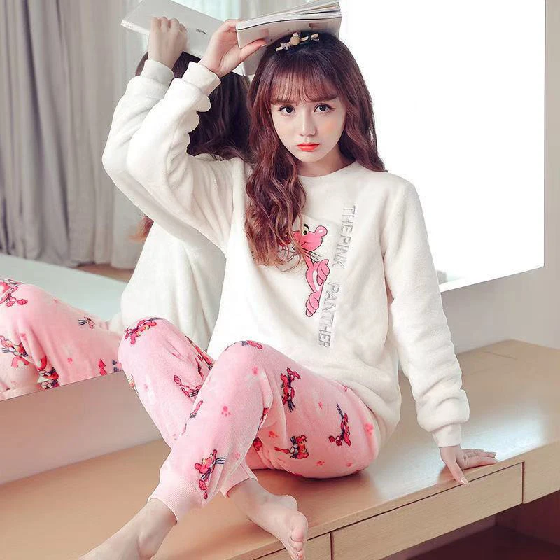 Women's Pajamas Winter  Sleepwear Cute Cartoon Flannel Pajamas Set Velvet Warm Pijama Round Neck Pyjama Homewear Women
