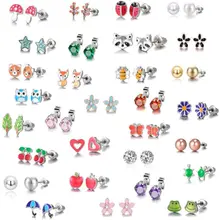 Set Umbrella Stud-Earrings 30-Pairs Kids Ladybug Mushroom-Tree-Daisy Bee-Frog Mixed-Animals