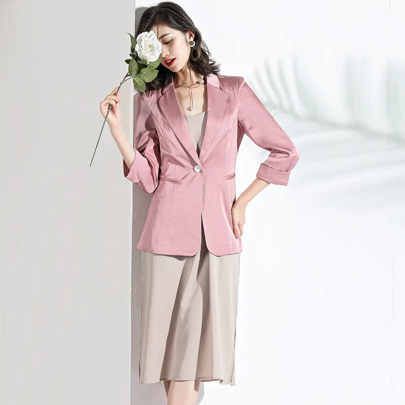 

Import Satin Acetic Acid Three-quarter-length Sleeve Suit Long Leisure Suit Coat Women's 2019 New Style Autumn Small Suit Women'