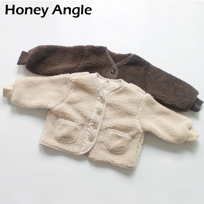 Honey Angle/зимняя детская куртка в Корейском стиле для девочек пальто из овечьей шерсти с длинными рукавами для девочек однотонная меховая верхняя одежда для малышей 18 мес.-7 лет