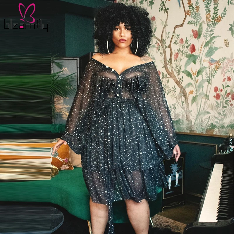 

Plus Size 4XL Women Spring Summer Mini mesh Dress Elegant Printed Off Shoulder Dresses lady Night Club Party Robes Vestido 2020