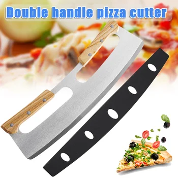

Newly Two-handle Pizza Cutter Wooden Handle Half-round Pizza Hob Easy to Operate Rocker Knives for Kitchen Tool