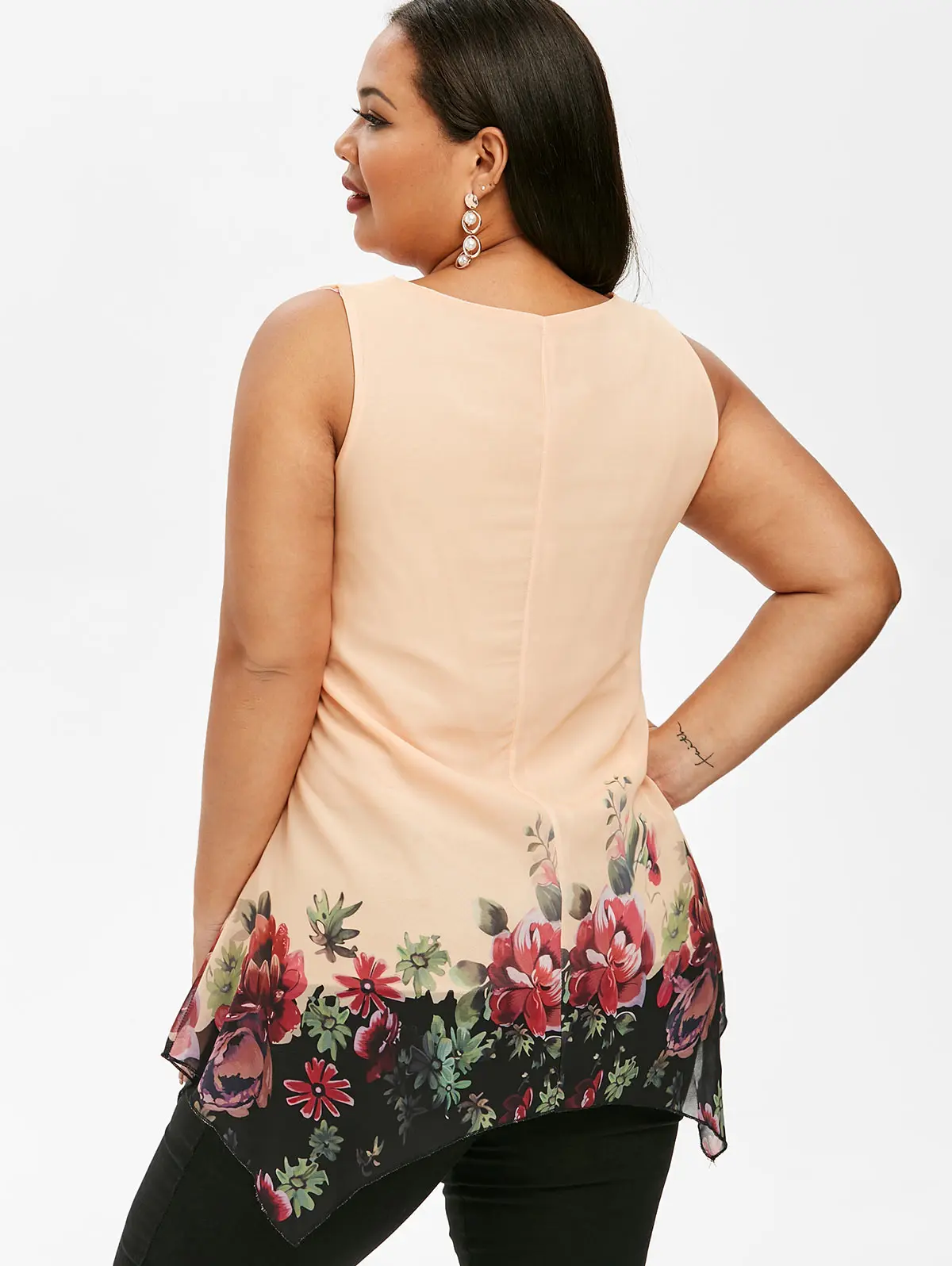 Розовый GAL 5XL плюс размер Многослойный Топ летний сексуальный женский цветочный принт без рукавов Асимметричный шифоновый топ на бретелях с v-образным вырезом рубашка туника