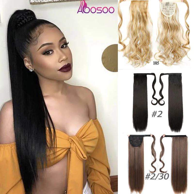

24inches Long Wrap On Synthetic Straight Ponytails for Women Natural Clip In Hair Extension Hairpieces Blonde False Hair