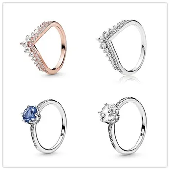 

Authentic 925 Sterling Silver Ring Rose Gold Princess Wishbone Ring With Crystal For Women Wedding Party Gift Pandora Jewelry