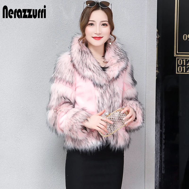 nerazzurri winter pink furry faux fur coat women short warm shaggy fluffy fox fur top plus size patchwork faux fur jacket 5xl