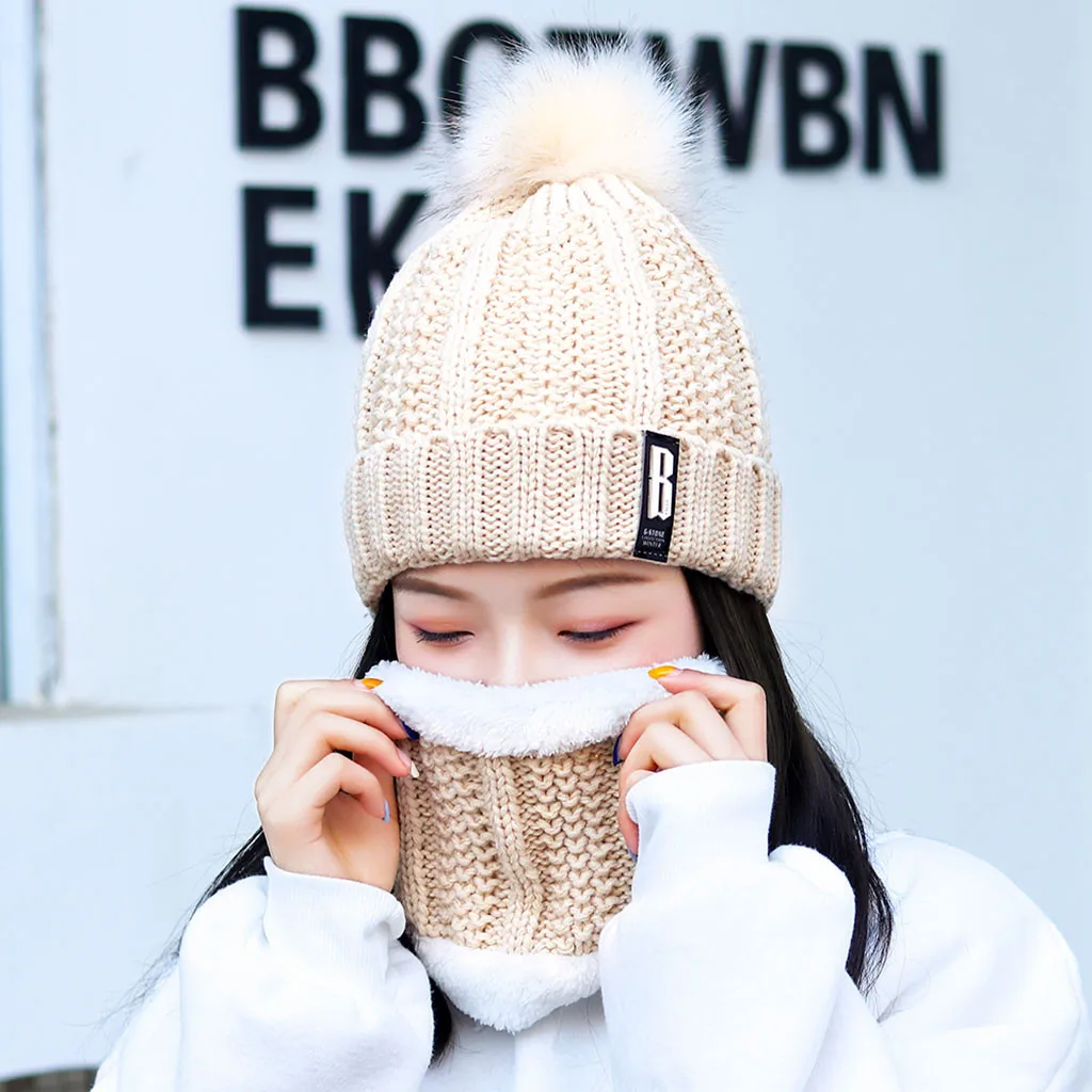 Women's Warm Solid Plus Thicken Scarf And Hat Two-Piece Knit Windproof Cap Winter Accessories Hat And Scarf Girls Gift Knitted