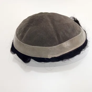 

Stock toupee with fine mono and poly around, folded edges at front in black color