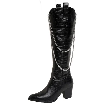 

Crocodile Pointed Toe Square Heel Metal Chain Denim Boots With Side Zipper Stone Patterned Thick Heel PU Knee Boots Retro Shoes