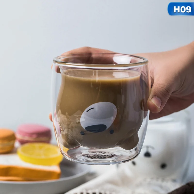 Необычный, прозрачный с двойными стенками стеклянный мультфильм Медведь Кот утка кофейная кружка Молочный Сок Милая чашка отправить подарок подруге кошка лапа чашка