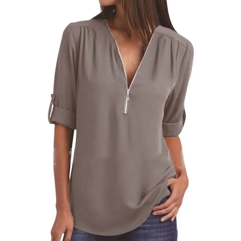 2019 Summer Women Chiffon Blouse 5XL Plus Size Chemise Femme V-neck Roll Up Sleeve Zipper Tunic Tops Summer Casual Loose Shirt