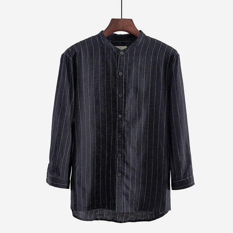

New style three-quarter sleeve shirt men summer linen stand collar men shirts fashion striped flax mens shirt chemise de marque