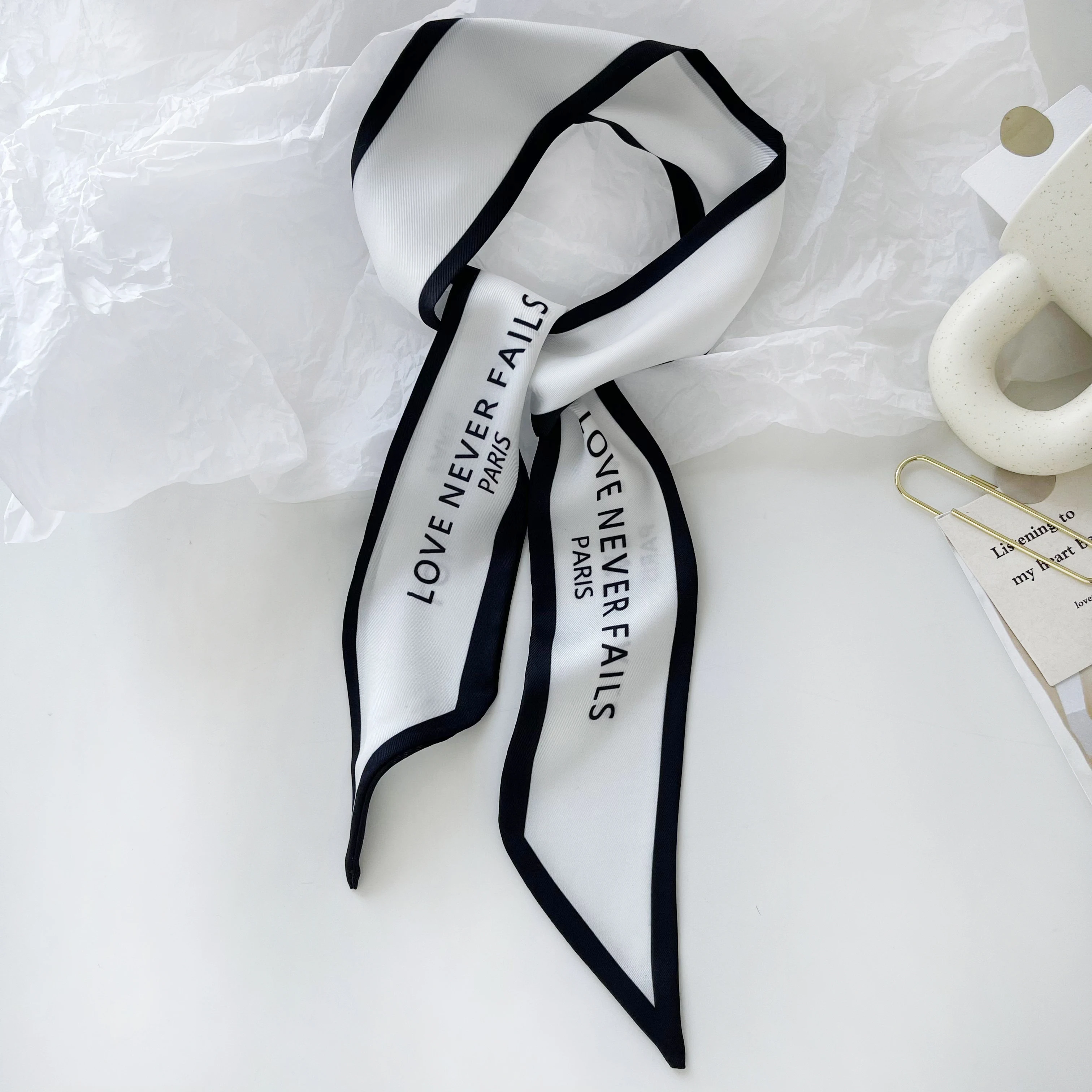 Luna&Dolphin Women Narrow Long Scarf 100x6cm Chic French Gentle Elegant Chiffon Silk Tie Letter Print Bag Ribbon Headband Choker 5