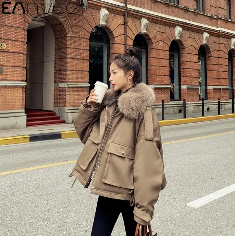 

Women Winter Fur Collar Short Cotton Jacket Coat Tooling Parkas Warm Outerwear Fashion Solid High Waist Short Thick Cotton Coat