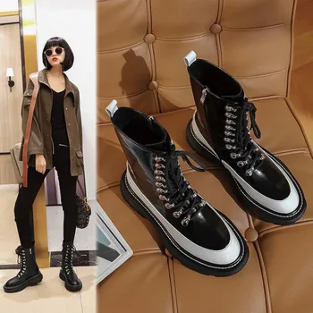 

2020 Autumn Trendy Short Boots Cowhide Platform Bottom Front Lace-up Side Zipper Middle Heel Low Tube Martin Boots