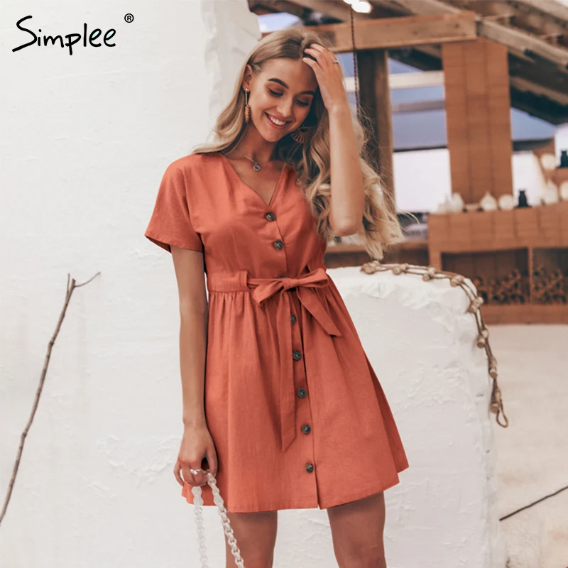 

Simplee Vintage Button Women Dress Shirt V Neck Short Sleeve Cotton Linen Short Summer Dresses Casual Korean Vestidos 2019 Festa