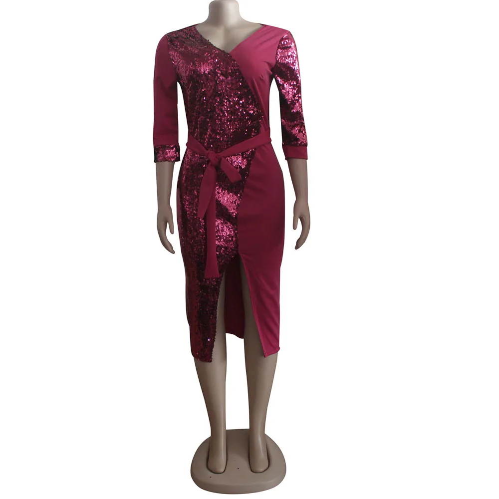 African Dresses For Women Sexy Sequins Pure Color Splicing Deep V-neck Half Sleeves Split Elegant Pencil Tight Dress Short Party african outfits