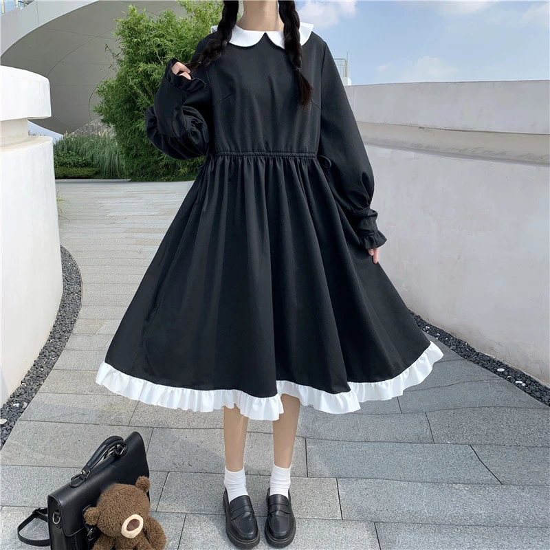 

Japan Preppy Women Long Dress Ladies Autumn Sweet Kawaii Harajuku Lantern Long Sleeves Draw String A-Line Dress