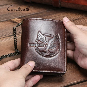 

CONTACT'S 100% Genuine Leather Men Wallet Small Coin Purse Chain Design PORTFOLIO Portomonee Male Wallets Retro Card Holder Bags