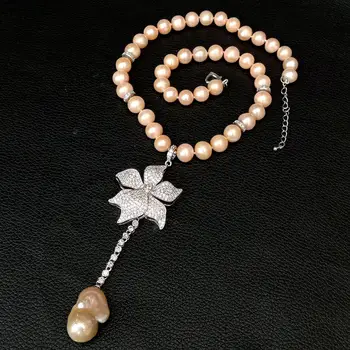

18'' Pink round Freshwater Pearl Necklace cubic zirconia Flower Pink Keshi Pearl Pendant classic wedding women jewelry