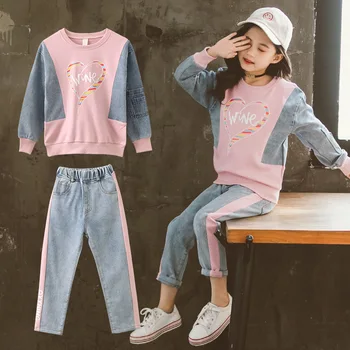 

New Kids Girls Clothes Set Patchwork Jeans Sport Suit for Teeange Cotton Denim Hoodies and Trousers Tracksuit Baby 6 8 12 14Year